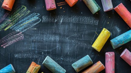Leinwandbilder - Top view of colorful chalks on blank chalkboard back to school theme