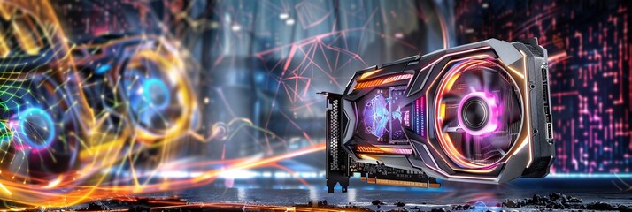 Fototapete - high-tech gaming graphics card with LED lighting and powerful desktop, gritty industrial setting