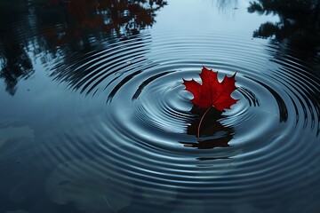 Wall Mural - A single red leaf swirling gracefully down a tranquil river, ripples spreading out endlessly