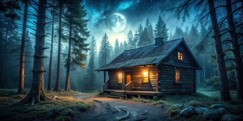 Poster - A spooky cabin in the remote woods at night , cabin, woods, night, spooky, isolated, dark, eerie, creepy, autumn