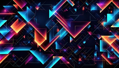 Poster - Digital abstract artwork featuring an intricate pattern of geometric shapes, including triangles and squares, with vibrant color scheme of blue, orange, and red neon hues