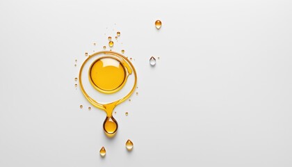 Poster - Golden oil drops suspended on a white backdrop, in various sizes and shapes. Largest teardrop is filled with vibrant, golden liquid, surrounded by smaller drops