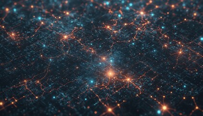 Poster - Network of interconnected nodes, illuminated with orange and blue lights, against a dark background