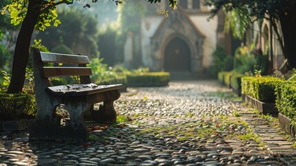 Wall Mural - Banner background of Church Day theme banner design for microstock, no text, and wide copy space, [Church Courtyard: A serene church courtyard with a single bench], 