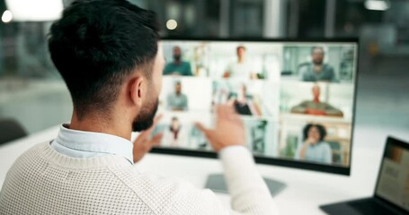 Poster - Business man, video call and wave on computer for chat, meeting or virtual conference. Webinar, hello or professional on screen for communication, discussion or salesman welcome team online in office