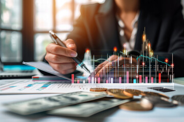 Poster - woman is writing with a pen on a piece of paper with a graph on it. The graph shows a downward trend, and the woman is likely analyzing the data or making a prediction