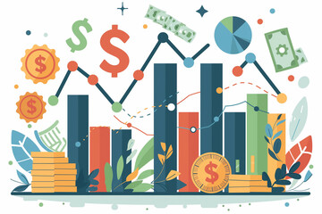 Aufkleber - graphic of a city with a lot of money and graphs. The idea is to show the importance of money and how it affects the city
