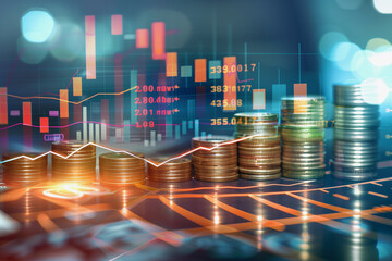 Poster - stack of coins and bills are displayed on a computer screen with a graph of numbers. Concept of financial data and the importance of understanding it. Scene is serious and focused