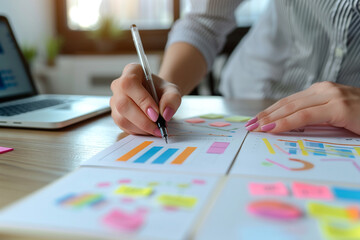 Aufkleber -  woman is drawing a pie chart on a piece of paper. She is using a black pen and a red marker
