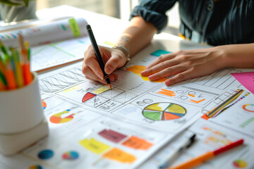 Aufkleber -  woman is drawing a pie chart on a piece of paper. She is using a black pen and a red marker