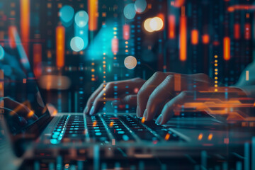 Aufkleber - person is typing on a keyboard in a colorful background. Concept of creativity and productivity, as the person is focused on their work. The vibrant colors of the background suggest a lively