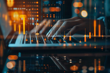 Aufkleber - person is typing on a keyboard in a colorful background. Concept of creativity and productivity, as the person is focused on their work. The vibrant colors of the background suggest a lively