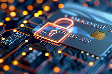 Poster - credit card with a key on it is shown on a circuit board. Concept of security and protection, as the key symbolizes the card's ability to keep its contents safe