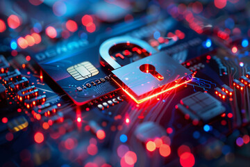 credit card with a key on it is shown on a circuit board. Concept of security and protection, as the key symbolizes the card's ability to keep its contents safe