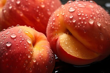 Wall Mural - Peach with water drops on black background