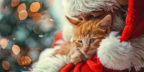 Wall Mural - Santa Claus with a kitten