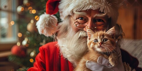 Wall Mural - Santa Claus with a kitten