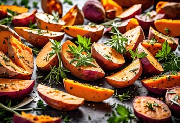 Wall Mural - savory roasted sweet potatoes fresh herbs close view food background, delicious, cooked, vegetable, healthy, orange, natural, organic, cuisine, meal, dish