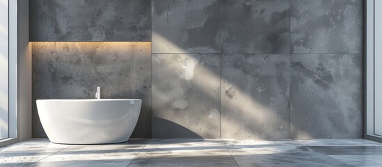 Sticker - A white bathtub sits in a large, empty bathroom with a window in the background