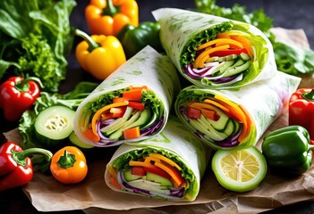Wall Mural - vibrant vegetable wraps wrapped parchment paper, colorful, food, healthy, fresh, organic, ingredients, lunch, delicious, tasty, homemade, meal, roll, green,