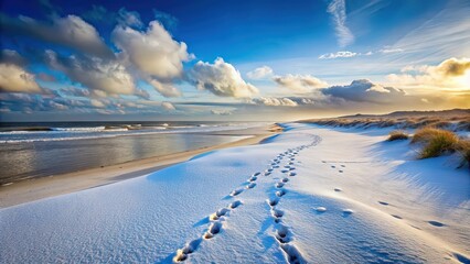 Canvas Print - Snow-covered North Sea beach with footprints leading towards the horizon, coastal, hush, footprints, snow, desolate, winter