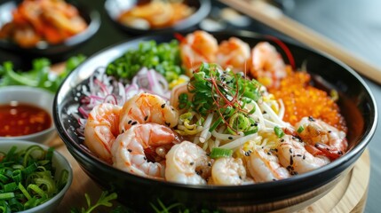 Wall Mural - A bowl of shrimp and vegetables with a garnish of sesame seeds
