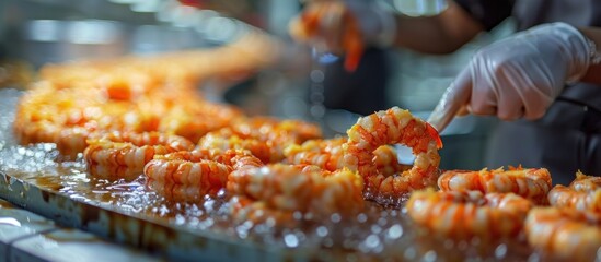 Wall Mural - A person is handling shrimp in a factory. The shrimp are being processed and packaged. The scene is industrial and fast-paced