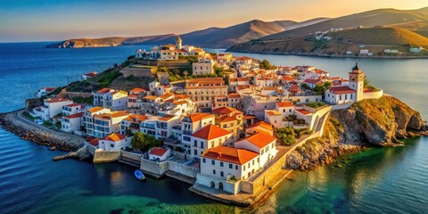 Wall Mural - Aerial drone view capturing the iconic and picturesque Chora town of Andros Island , Andros, Greece, Chora