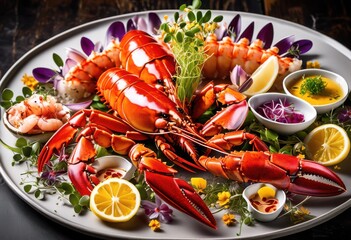 Wall Mural - exquisite seafood dish side gourmet culinary presentation, sauce, meal, delicacy, appetizing, fresh, cooked, elegant, plating, dining, experience, cuisine