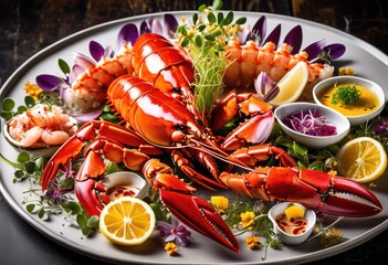 Canvas Print - exquisite seafood dish side gourmet culinary presentation, sauce, meal, delicacy, appetizing, fresh, cooked, elegant, plating, dining, experience, cuisine