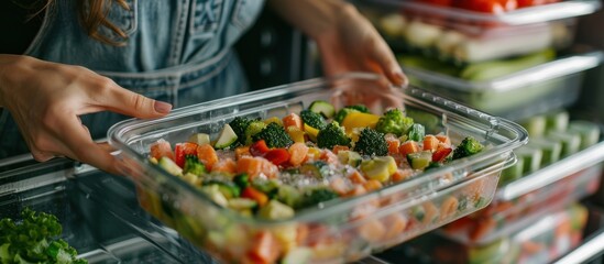 Wall Mural - A woman is holding a tray of vegetables in a glass container. The vegetables include broccoli, carrots, and peppers. The tray is placed on a shelf, and there are other trays of food nearby