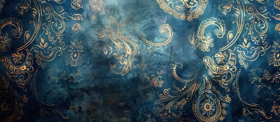Wall Mural - A blue and gold wall with a floral design. The wall is old and has a vintage look