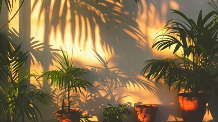 Plants shadows on white wall at sunset