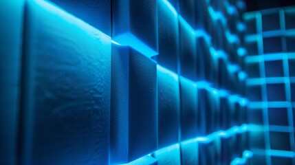 3d wall of illuminated blue cubes, abstract geometric background