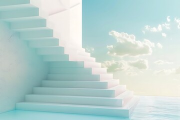 Elegant white staircase with sky blue steps and minimalist design in a serene modern interior.