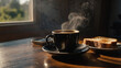 © Shinso_Hajime - A cup of hot black coffee with steam rising, accompanied by a slice of toast and jam