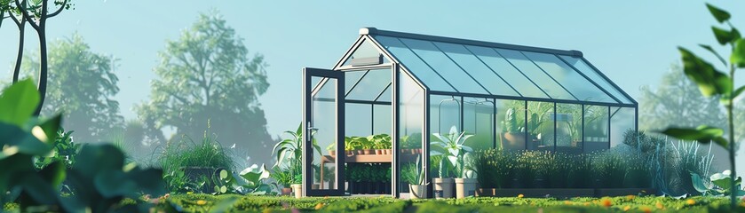 Glass greenhouse surrounded by lush greenery.