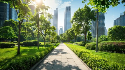 Pathway through a vibrant city park, surrounded by trees and modern buildings