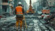 © sirisakboakaew - Collaboration of surveyor engineers utilizing a theodolite for accurate measurements during road construction. Illustrates teamwork and technical skills.