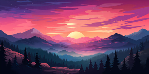 art of a purple sunset over mountains with pine trees.