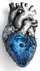 Wall Mural - Anatomical Heart with Vibrant Blue Flames and Mysterious Eye - in Cinematic 3D Rendering Style