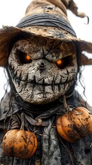 Poster - Eerie Ancient Scarecrow Face with Pumpkins and Jack-o-Lanterns on Graveyard Background