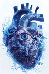 Sticker - Intricate Heart with Eye Enveloped in Blue Flames Detailed Line Art 3D Render Photographic Style