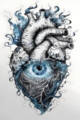 Sticker - Mesmerizing Surreal Heart with Mystical Eye and Blue Flames