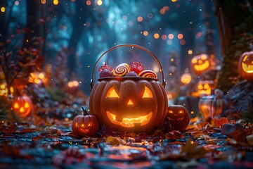 Canvas Print - Spooky Halloween Trick-or-Treat Arrangement with Ornate Pumpkin Pails,Cinematic Lighting,and Autumn Forest Backdrop