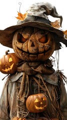 Wall Mural - Vintage Scarecrow Face Adorned with Pumpkins and Jack-o'-Lanterns in Cinematic 3D Render