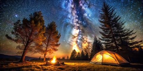 Sticker - Starry Night Campsite A tranquil camping scene with a tent, bonfire, and trees under a starry sky, camping, tent, bonfire