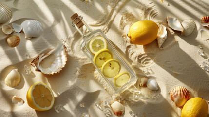 a glass bottle with lemon slices, lying on a beach with sand and seashells, bright sunlight, high co