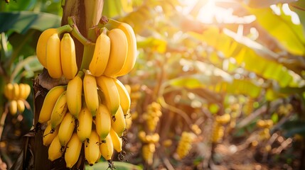Wall Mural - A yellow bananas hanging on the tree in a sunny banana farm background. A bunch of bananas is hanging from trees, surrounded by green leaves and sunlight.
