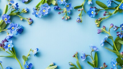 Poster - Forget me not flowers arranged in a circle on a postcard background with space for text symbolizing joy in spring and summer